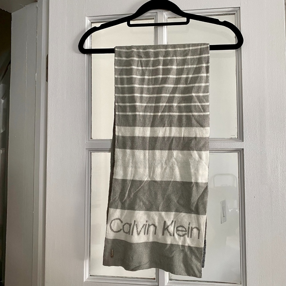Calvin Klein Logo White and Gray Stripe Scarf